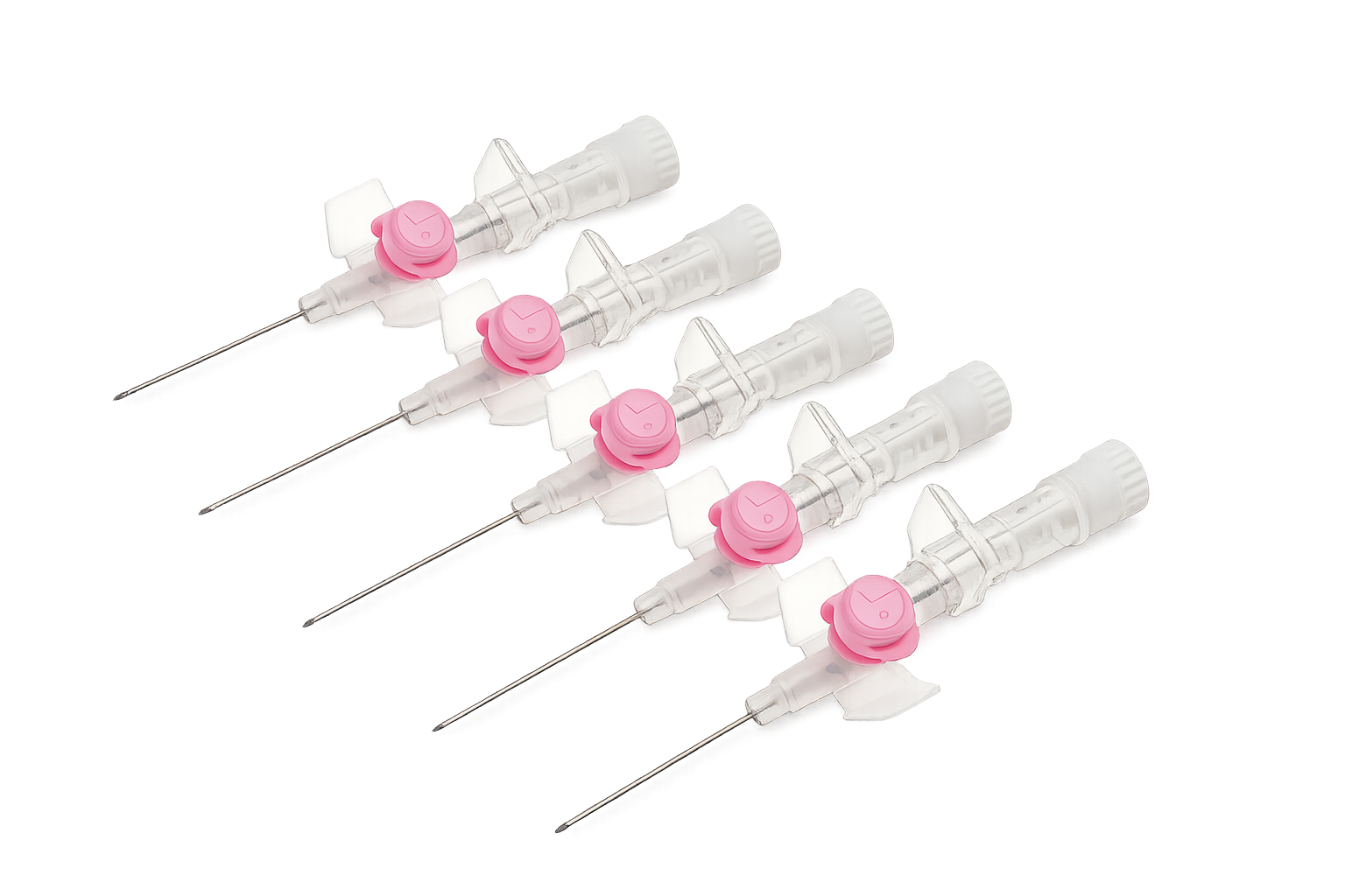 Five-pink-capped-IV-catheters-arranged-diagonally_1776083421_dcb377